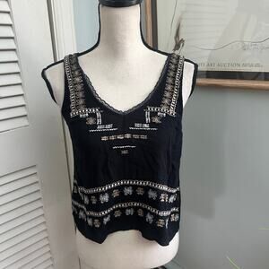Vintage STYLE HOUSE Top Womens Small Black Embroidered Knit Tank Retro Boho Y2K